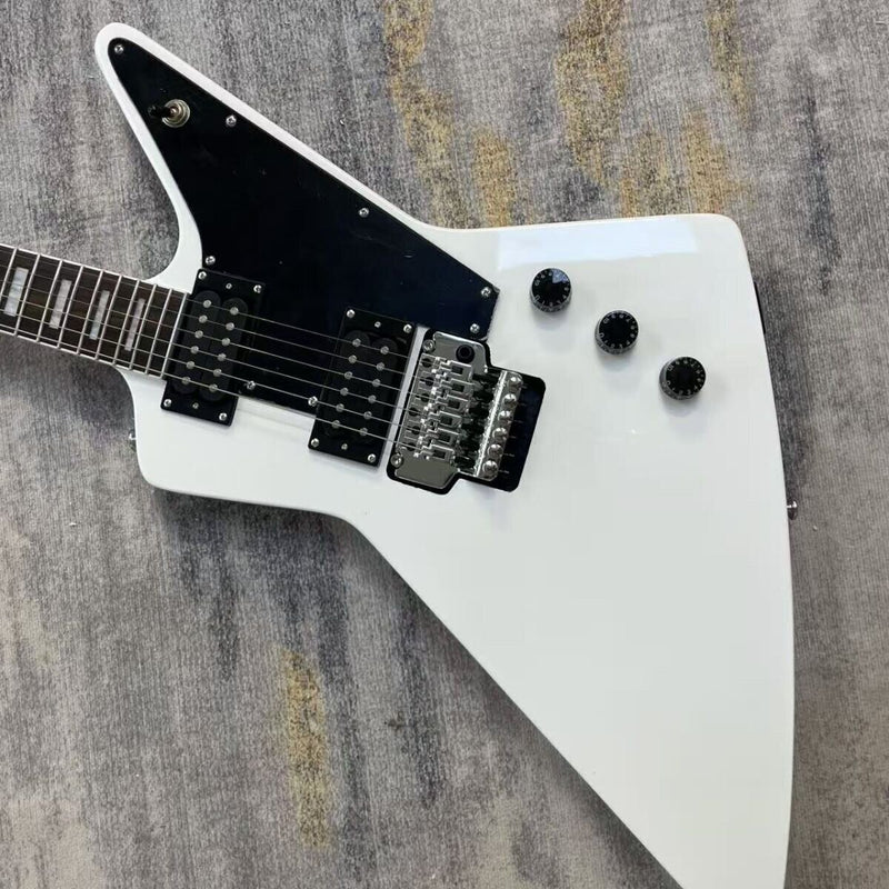 Explorer Style Electric Guitar with Gloss White Finish & Floyd Rose Style Double Locking Tremolo (LRG-063)