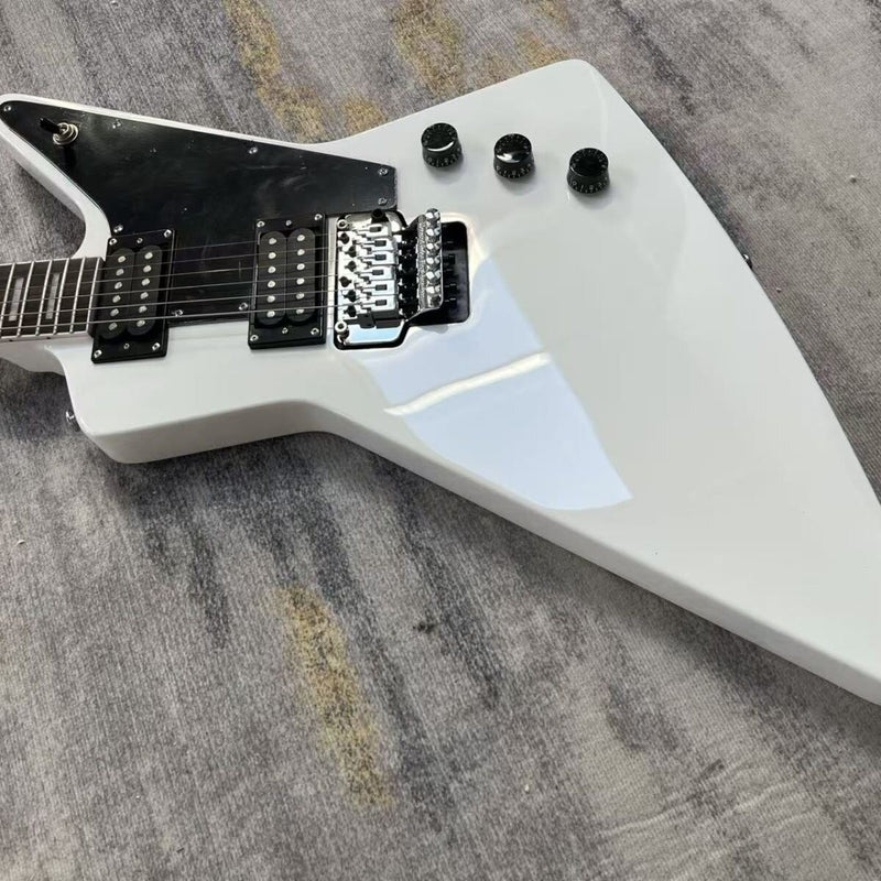 Explorer Style Electric Guitar with Gloss White Finish & Floyd Rose Style Double Locking Tremolo (LRG-063)
