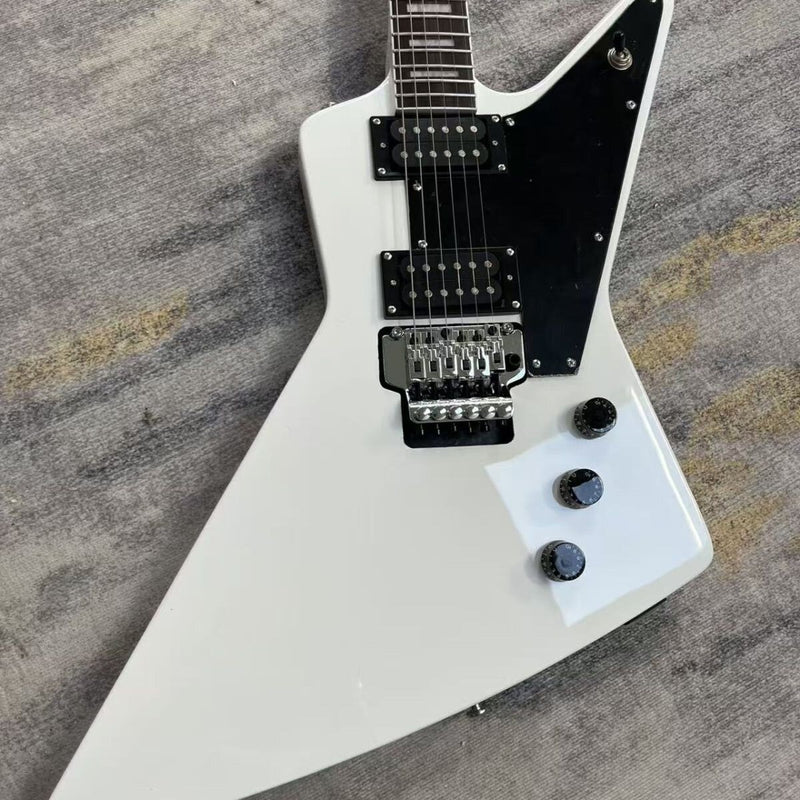 Explorer Style Electric Guitar with Gloss White Finish & Floyd Rose Style Double Locking Tremolo (LRG-063)