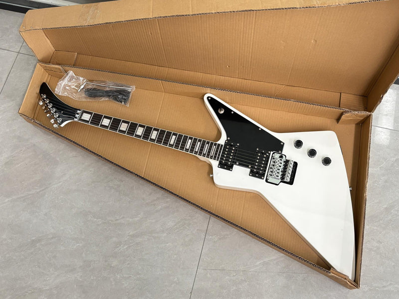 Explorer Style Electric Guitar with Gloss White Finish & Floyd Rose Style Double Locking Tremolo (LRG-063X)