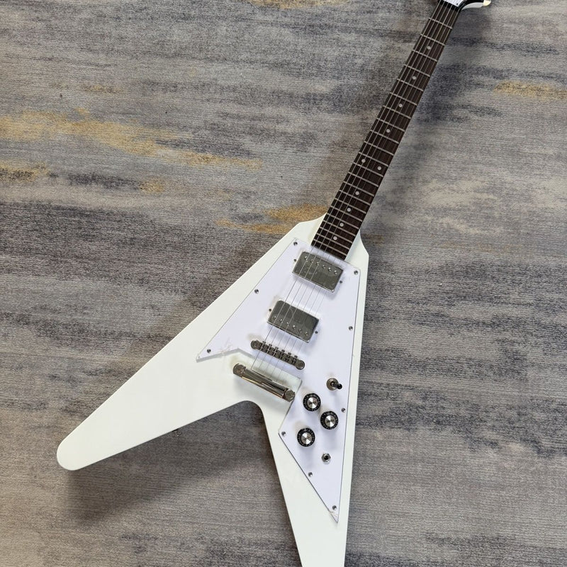 Flying V Style Electric Guitar with Gloss White Finish, Dual Humbuckers, Fixed Bridge & Dot Inlays(LRG-074)