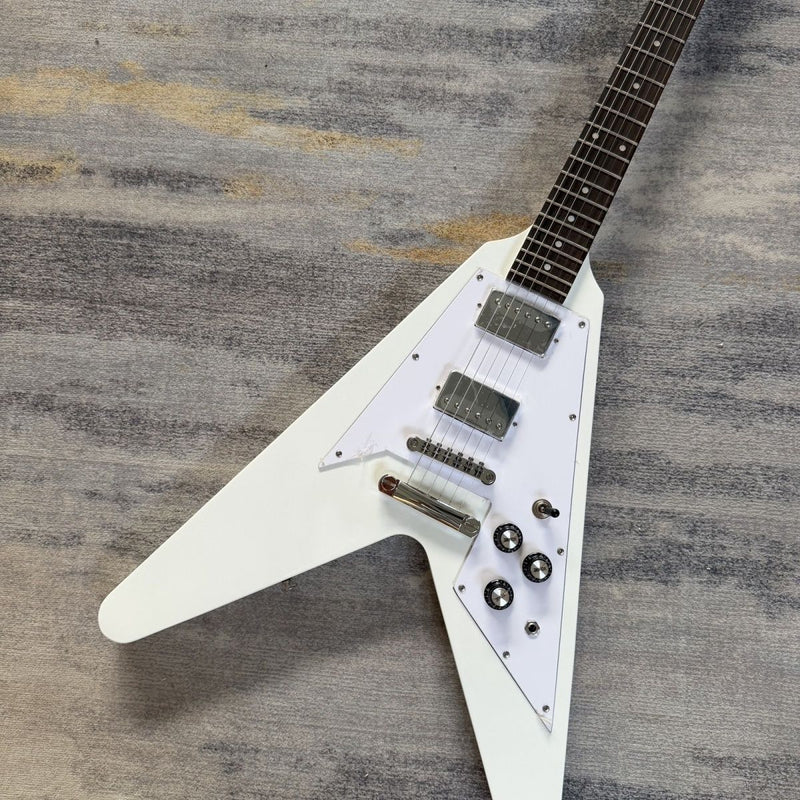 Flying V Style Electric Guitar with Gloss White Finish, Dual Humbuckers, Fixed Bridge & Dot Inlays(LRG-074)