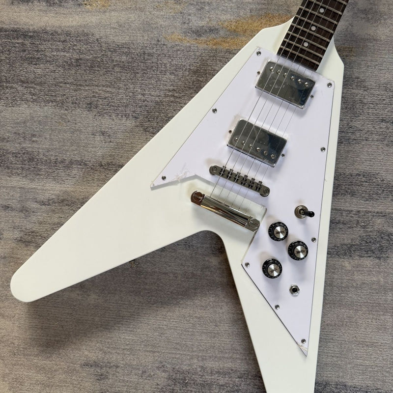 Flying V Style Electric Guitar with Gloss White Finish, Dual Humbuckers, Fixed Bridge & Dot Inlays(LRG-074)