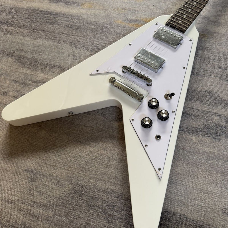 Flying V Style Electric Guitar with Gloss White Finish, Dual Humbuckers, Fixed Bridge & Dot Inlays(LRG-074)