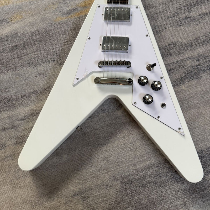 Flying V Style Electric Guitar with Gloss White Finish, Dual Humbuckers, Fixed Bridge & Dot Inlays(LRG-074)