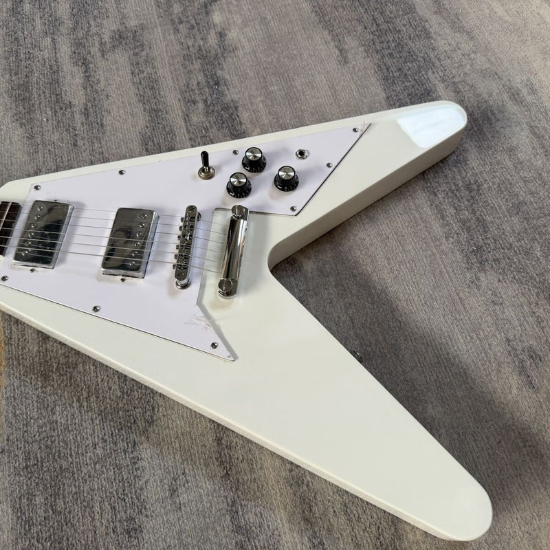 Flying V Style Electric Guitar with Gloss White Finish, Dual Humbuckers, Fixed Bridge & Dot Inlays(LRG-074)