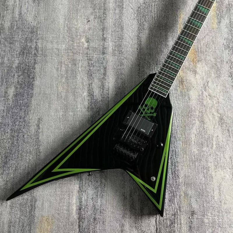 Flying V Style Green Skull & Crossbones Graphic Electric Guitar (LRG-024)
