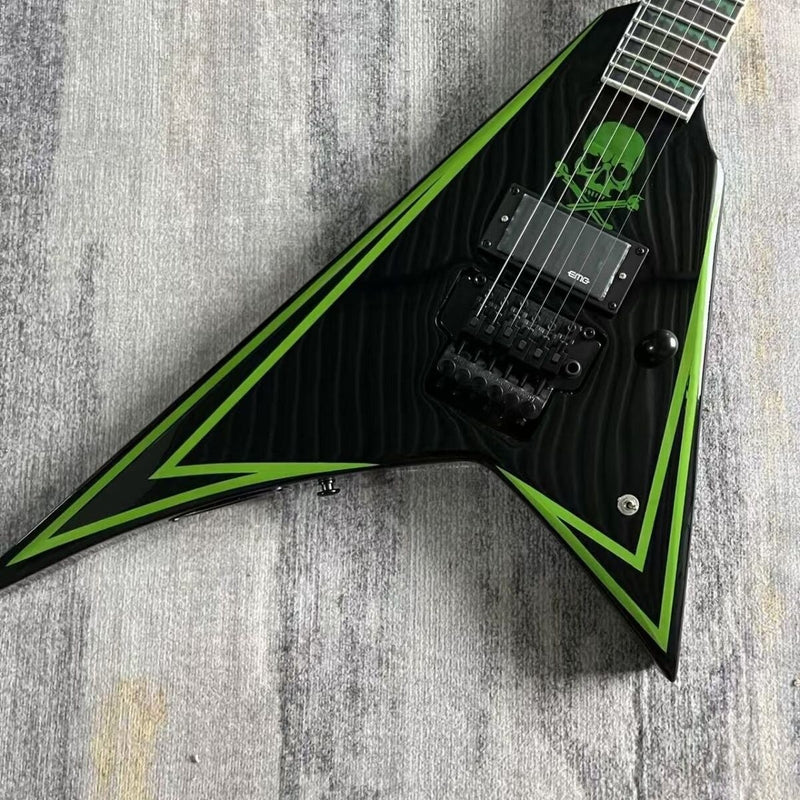 Flying V Style Green Skull & Crossbones Graphic Electric Guitar (LRG-024)