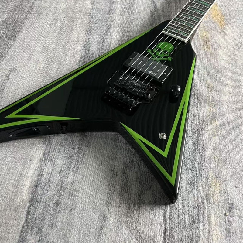 Flying V Style Green Skull & Crossbones Graphic Electric Guitar (LRG-024)
