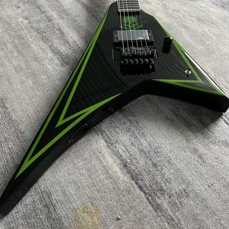 Flying V Style Green Skull & Crossbones Graphic Electric Guitar (LRG-024)