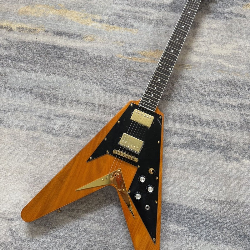 Flying V Style Solid Body Electric Guitar with Transparent Amber Finish (LRG-076)