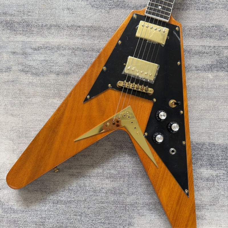 Flying V Style Solid Body Electric Guitar with Transparent Amber Finish (LRG-076)