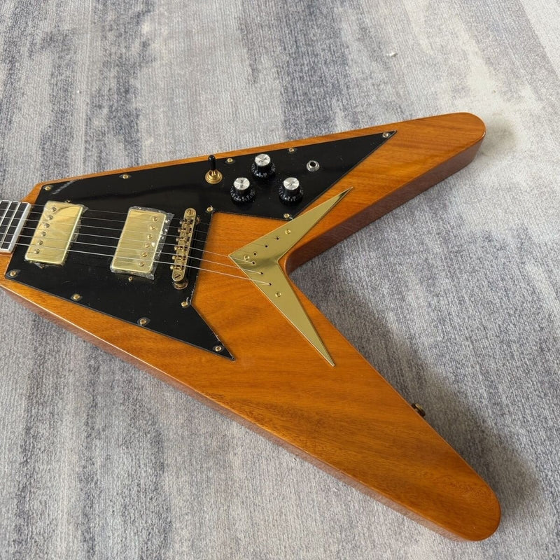 Flying V Style Solid Body Electric Guitar with Transparent Amber Finish (LRG-076)