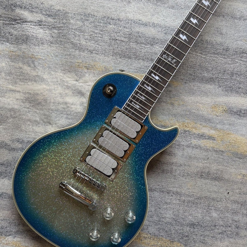 LP Custom Style Blue Silver Gradient Sparkle Glitter Finish Electric Guitar (LRG-029)