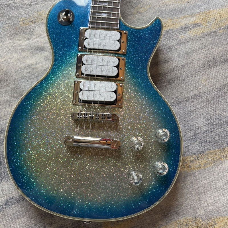 LP Custom Style Blue Silver Gradient Sparkle Glitter Finish Electric Guitar (LRG-029)