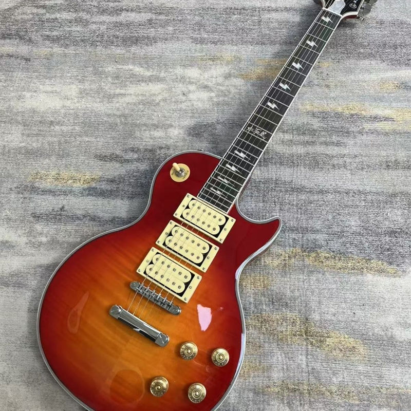 LP Custom Style Triple Humbucker Electric Guitar | Lightning Bolt Inlays | Cherry Sunburst (LRG-053)