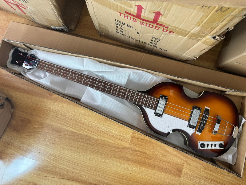 Left-Handed 4-String Violin Semi-Hollow Electric Bass Guitar with Gloss Sunburst Finish (HY-2607)
