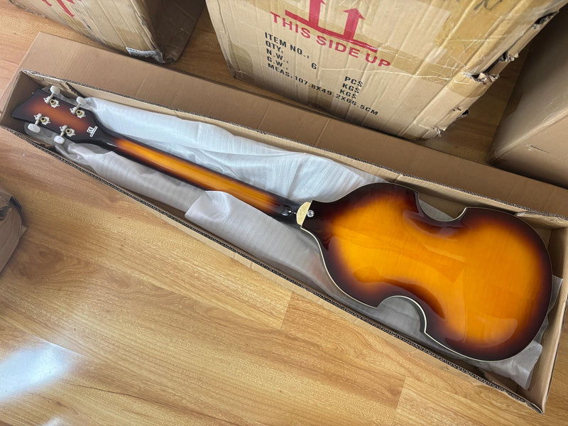 Left-Handed 4-String Violin Semi-Hollow Electric Bass Guitar with Gloss Sunburst Finish (HY-2607)