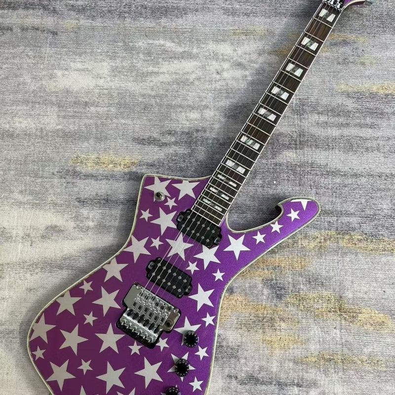 Metallic Purple White Star Graphic Iceman-Style Electric Guitar (LRG-037, No Logo)