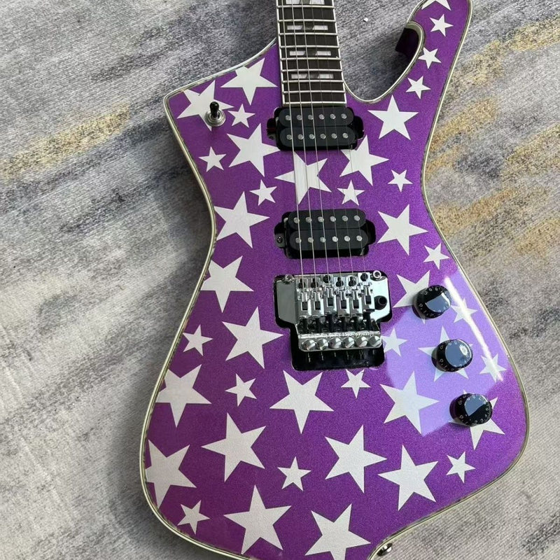 Metallic Purple White Star Graphic Iceman-Style Electric Guitar (LRG-037, No Logo)