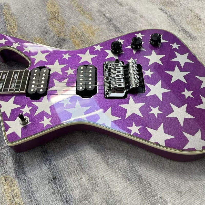 Metallic Purple White Star Graphic Iceman-Style Electric Guitar (LRG-037, No Logo)