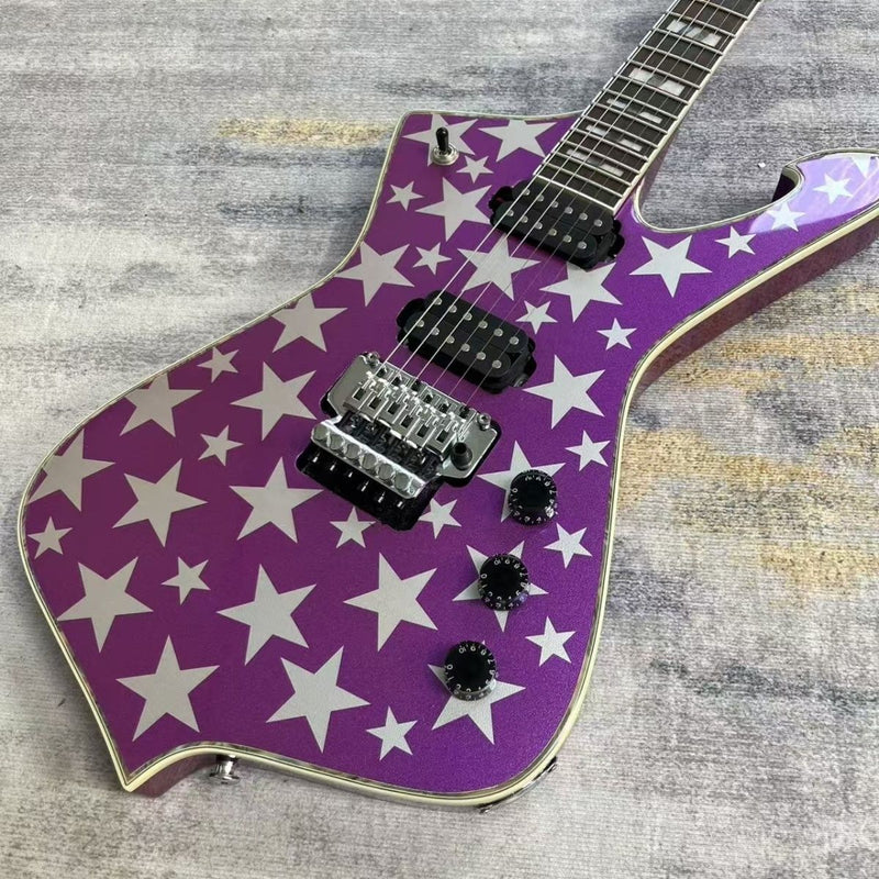 Metallic Purple White Star Graphic Iceman-Style Electric Guitar (LRG-037, No Logo)
