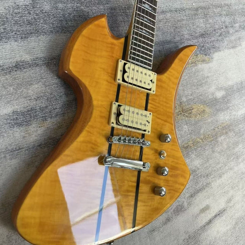 Mockingbird Style Neck-Through Natural Amber Electric Guitar (LRG-038, No Logo)
