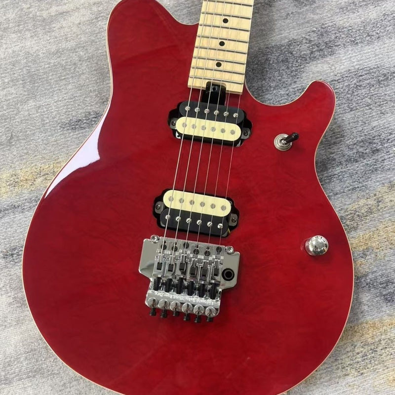 Music Man Style Electric Guitar with Gloss Transparent Red Quilted Maple Top & Double Locking Tremolo(LRG-091)