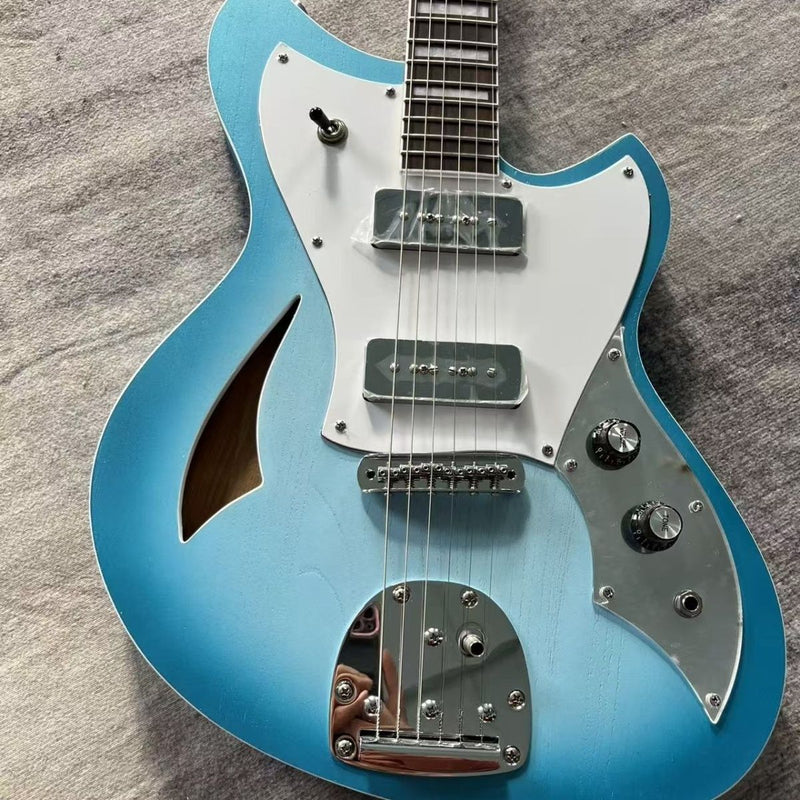 Novo-Inspired Semi-Hollow Electric Guitar with Dual Soapbar P90 Single Coils & Satin Blue Finish(LRG-061)