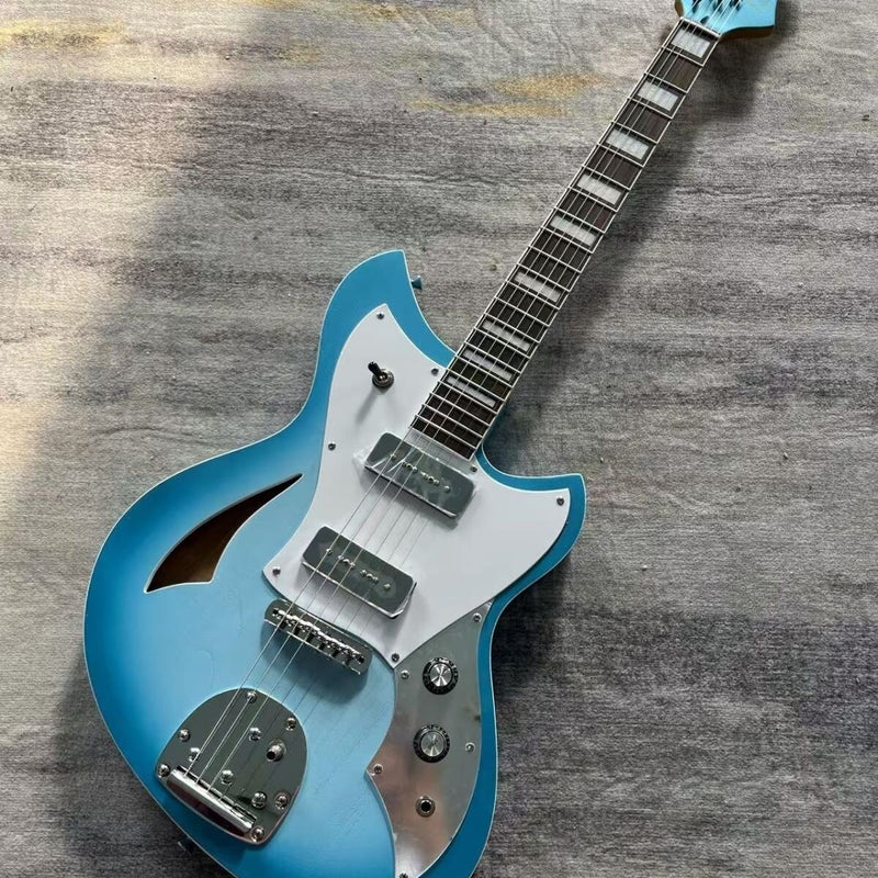 Novo-Inspired Semi-Hollow Electric Guitar with Dual Soapbar P90 Single Coils & Satin Blue Finish(LRG-061)