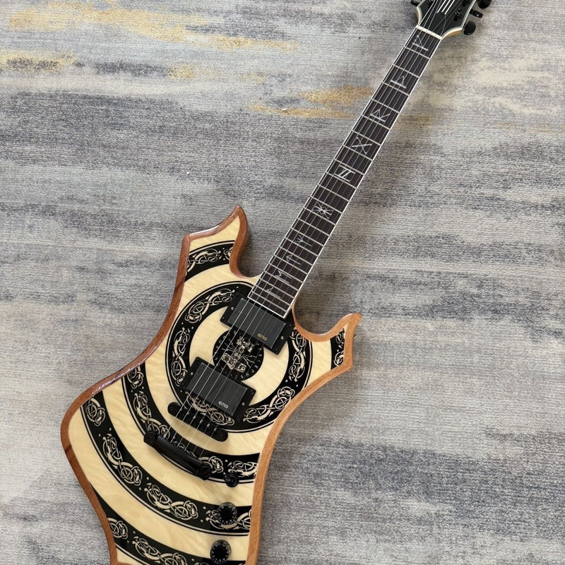 Odin-Inspired Electric Guitar with Natural Totem Gloss Finish & Runic Inlays (LRG-065)