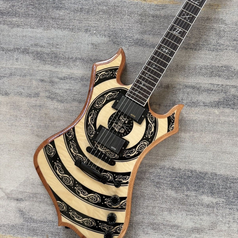 Odin-Inspired Electric Guitar with Natural Totem Gloss Finish & Runic Inlays (LRG-065)