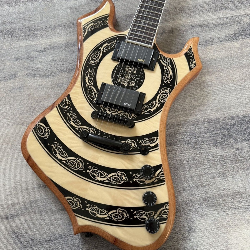Odin-Inspired Electric Guitar with Natural Totem Gloss Finish & Runic Inlays (LRG-065)