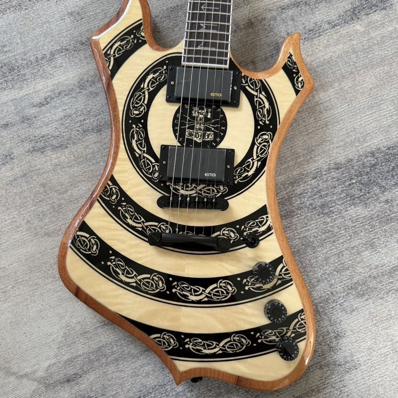 Odin-Inspired Electric Guitar with Natural Totem Gloss Finish & Runic Inlays (LRG-065)
