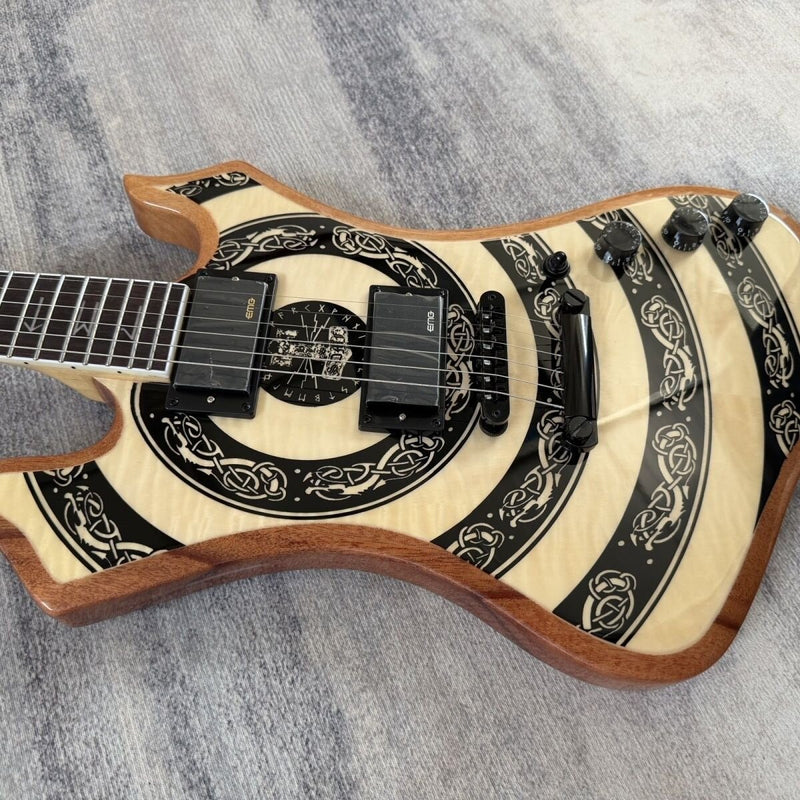 Odin-Inspired Electric Guitar with Natural Totem Gloss Finish & Runic Inlays (LRG-065)