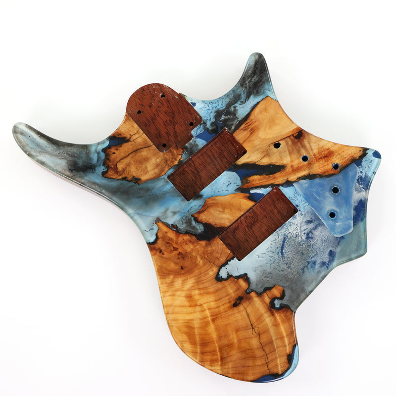 One-of-a-Kind Burl Wood Veneer Epoxy Resin 4 String Headless Electric Bass Guitar Body (H4B-001)