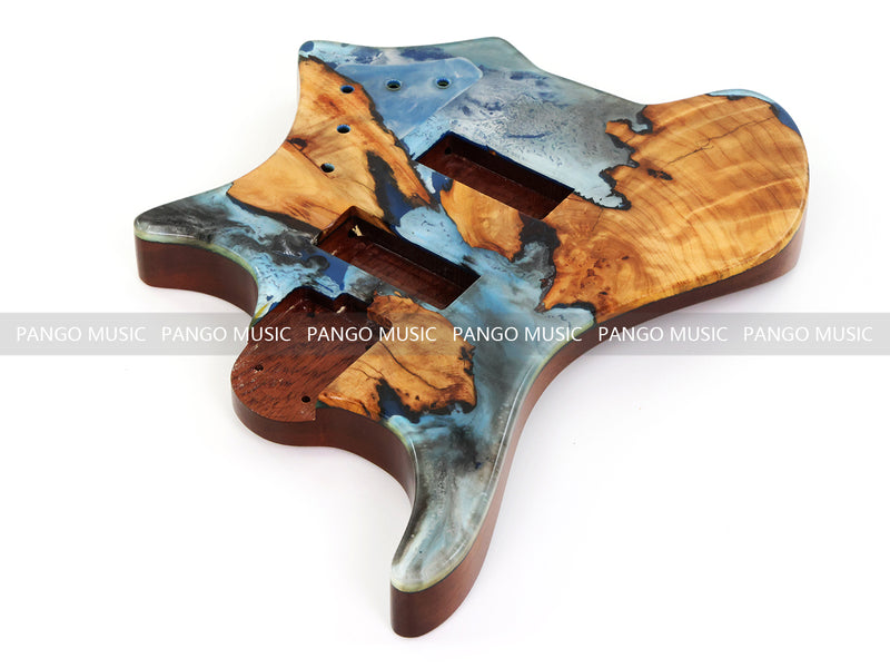 One-of-a-Kind Burl Wood Veneer Epoxy Resin 4 String Headless Electric Bass Guitar Body (H4B-001)
