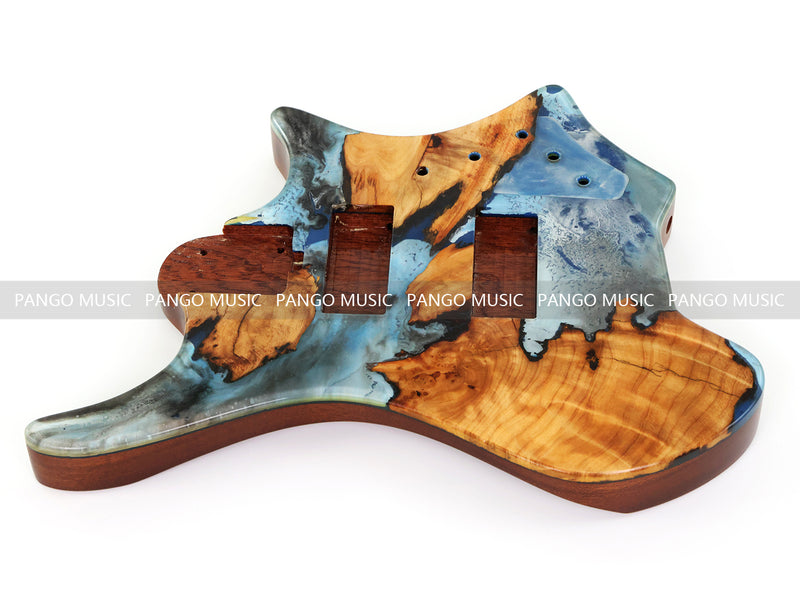 One-of-a-Kind Burl Wood Veneer Epoxy Resin 4 String Headless Electric Bass Guitar Body (H4B-001)
