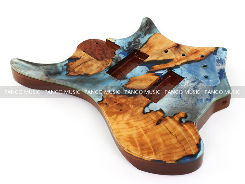 One-of-a-Kind Burl Wood Veneer Epoxy Resin 4 String Headless Electric Bass Guitar Body (H4B-001)