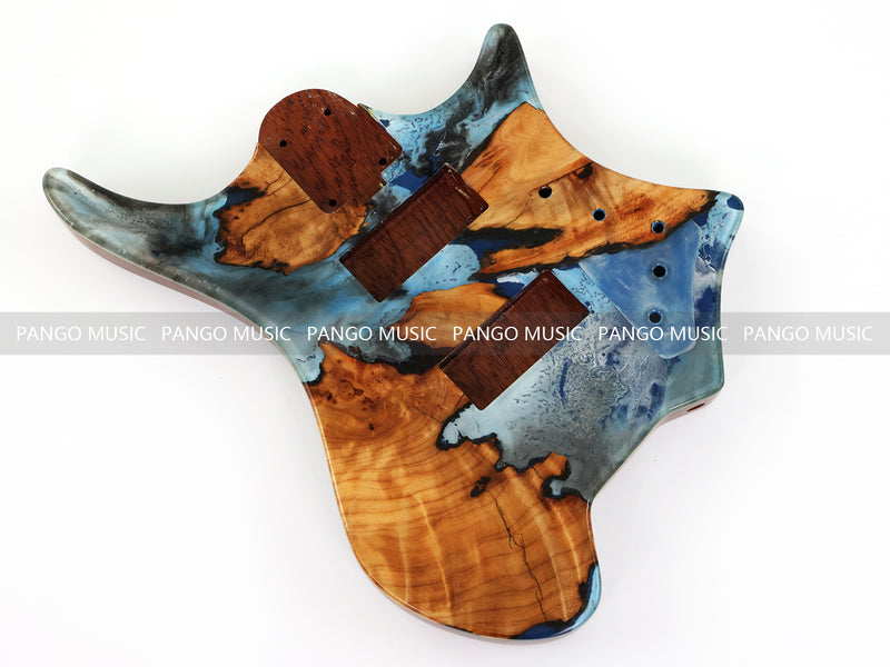 One-of-a-Kind Burl Wood Veneer Epoxy Resin 4 String Headless Electric Bass Guitar Body (H4B-001)