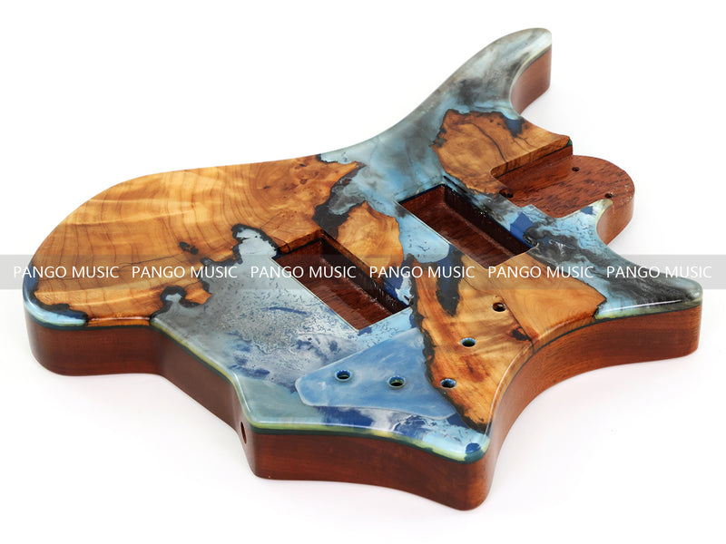 One-of-a-Kind Burl Wood Veneer Epoxy Resin 4 String Headless Electric Bass Guitar Body (H4B-001)