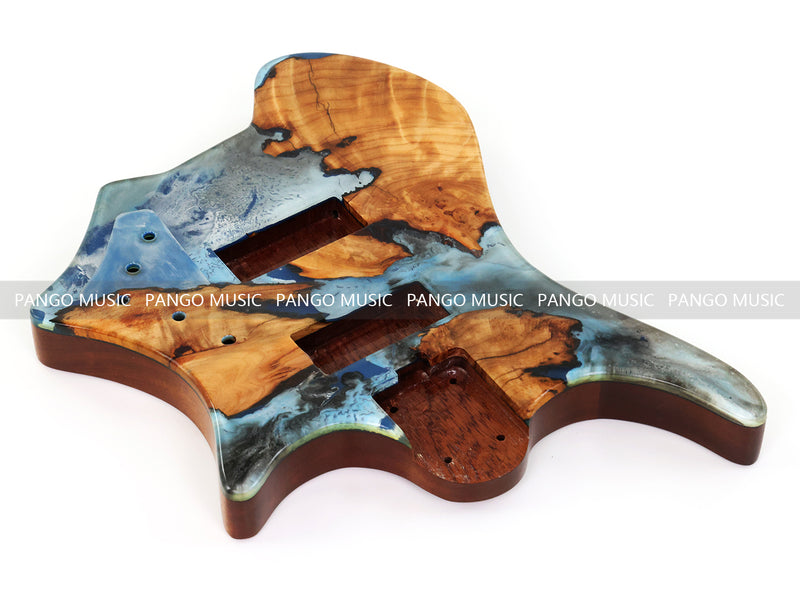 One-of-a-Kind Burl Wood Veneer Epoxy Resin 4 String Headless Electric Bass Guitar Body (H4B-001)