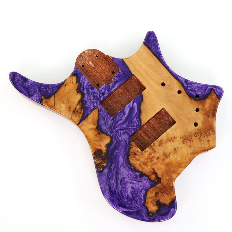 One-of-a-Kind Burl Wood Veneer Epoxy Resin 4 String Headless Electric Bass Guitar Body (H4B-002)