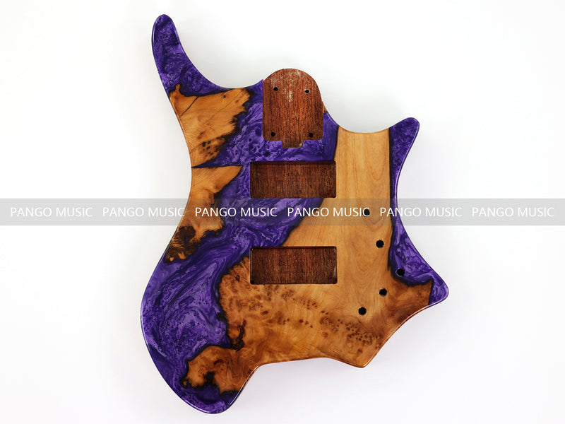 One-of-a-Kind Burl Wood Veneer Epoxy Resin 4 String Headless Electric Bass Guitar Body (H4B-002)