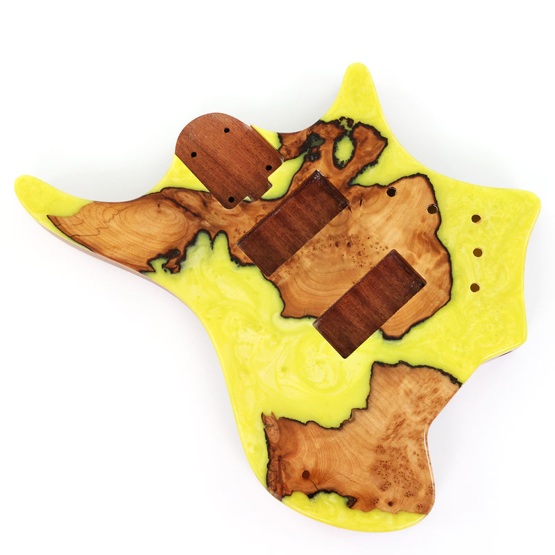 One-of-a-Kind Burl Wood Veneer Epoxy Resin 4 String Headless Electric Bass Guitar Body (H4B-003)