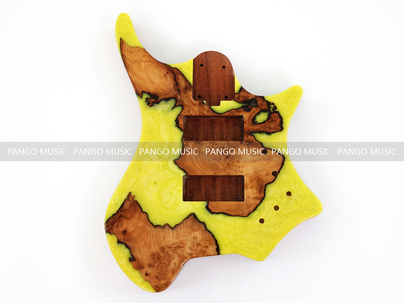 One-of-a-Kind Burl Wood Veneer Epoxy Resin 4 String Headless Electric Bass Guitar Body (H4B-003)