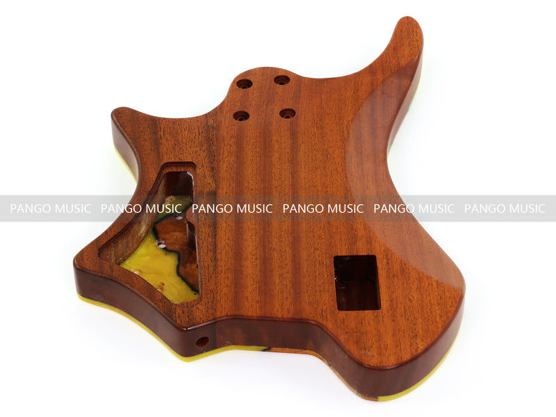 One-of-a-Kind Burl Wood Veneer Epoxy Resin 4 String Headless Electric Bass Guitar Body (H4B-003)