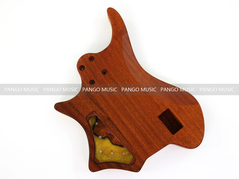 One-of-a-Kind Burl Wood Veneer Epoxy Resin 4 String Headless Electric Bass Guitar Body (H4B-003)