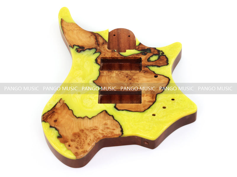 One-of-a-Kind Burl Wood Veneer Epoxy Resin 4 String Headless Electric Bass Guitar Body (H4B-003)