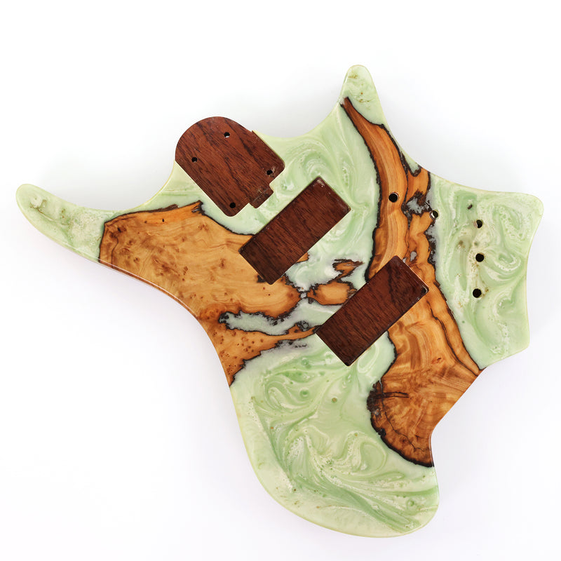 One-of-a-Kind Burl Wood Veneer Epoxy Resin 4 String Headless Electric Bass Guitar Body (H4B-004)